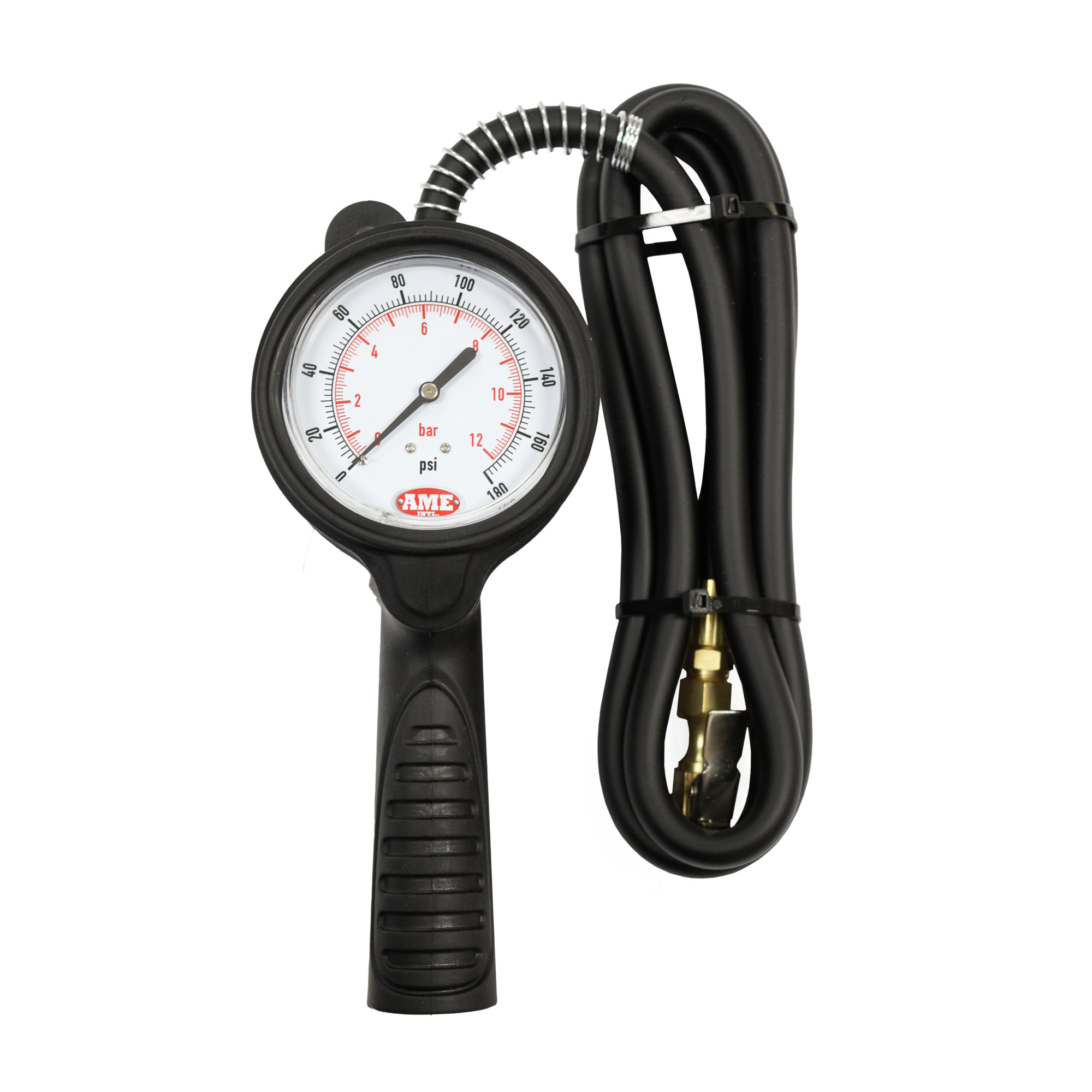 AME International Analog Inflation Gauge — 6ft. Hose, Clip-On Chuck, 0–175 PSI, Aluminum Die-Cast, Model# 24846